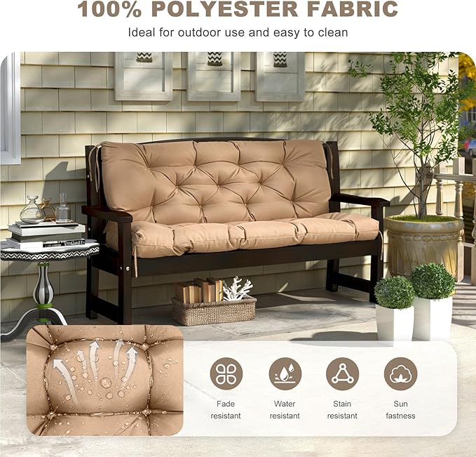 Porch Swing Cushion with Backrest,Waterproof Bench Cushion for Outdoor Furniture,2-3 Seater Replacement Thickened Swing Cushion with Ties,Patio,Outdoor,Backyard and Garden (Khaki,47x40)