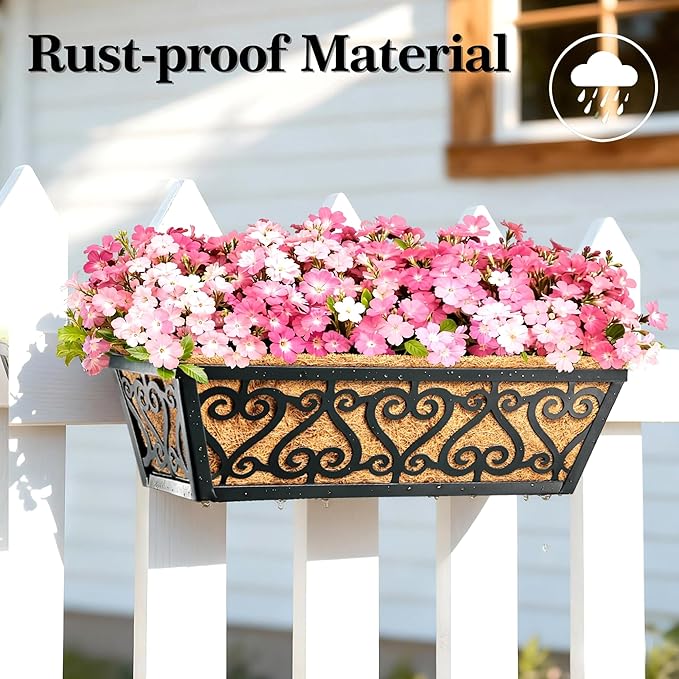2 Pack 16 Inch Deck Railing Planter Box - Window Boxes Planters with Adjustable Brackets Coco Liners Balcony Planters Railing Hanging for Wind