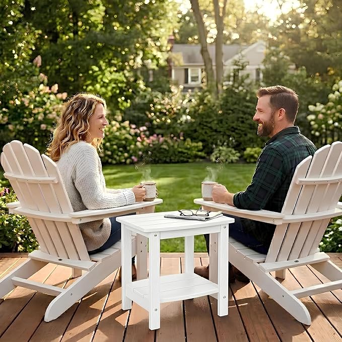 Y&M Outdoor Side Table, HIPS Adirondack Small Double Layer Table, Waterproof Square Outside Table, Balcony Modern End Tables for Patio, Pool, Beach, Porch, Deck, Indoor or Outdoor Use, White