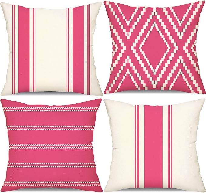 DFXSZ Outdoor Pillow Covers 20x20 Inch Set of 4 Hot Pink Waterproof Modern Geometry Throw Pillows Outdoor Summer Waterproof Decor for Patio Funiture Garden Polyester Cushion Covers 013L20