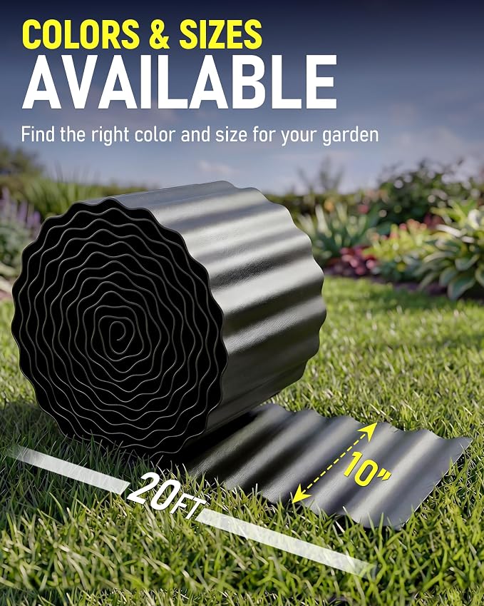 Corrugated Metal Garden Edging, 10"×20Ft Durable Landscape Border for Garden, Lawn, Flower Beds and Paver Edging (Black)