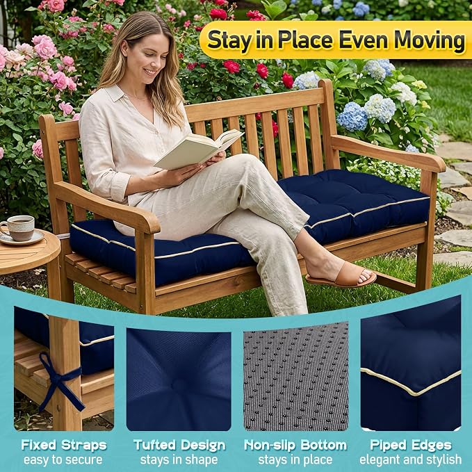 Outdoor Bench Cushion, Tufted Patio Seat Pad for Garden Bench, Porch Swing, Indoor/Outoor Furniture (Blue, 60X18X5)