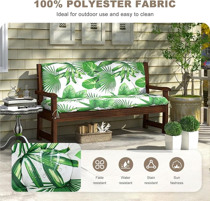 Porch Swing Cushion with Backrest,Waterproof Bench Cushion for Outdoor Furniture,2-3 Seater Replacement Thickened Swing Cushion with Ties,Patio,Outdoor,Backyard and Garden (Fresh Leafy,47x40")