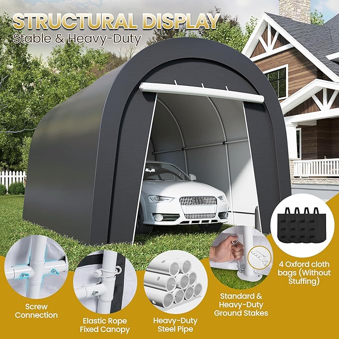 FansaFurn Domed Carport with 4 Cloth Bags, Portable Garage with 2 Roll-up Doors, Heavy Duty Car Canopy Party Tent, All-Season Storage Shelter Shed for Cars, Truck, or Garden Tools, 10' x 15'