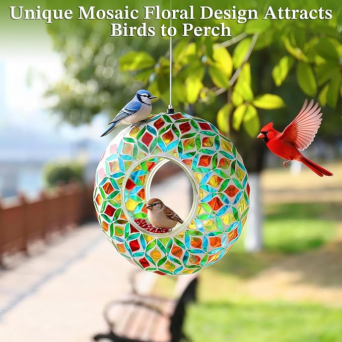 SAVENNA Mosaic Glass Hanging Bird Feeder, 8 Inch Handcrafted Outdoor Feeder with Steel Wire Rope, Decorative Garden & Patio Feeder for Wild Birds, Colorful Abstract Mosaic Design
