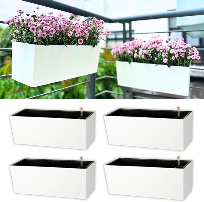 LaLaGreen Rail Planter Boxes (14 Inch, 4 Pack) Self-Watering Railing Planters with Brackets, Rectangular Hanging Window Flower Boxes for Deck Balcony, Fence, Herb Outdoor Garden White Plastic Planters