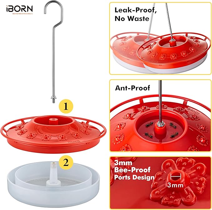 iBorn Hummingbird Feeders for Outdoors Hanging,Bee Proof Hummingbird Feeder with 14 Feeding Ports,13 OZ Saucer Humming Bird Feeders with Ant Moat,Ant Proof No Leak,Easy to Clean and Refill,Red,1 Pack