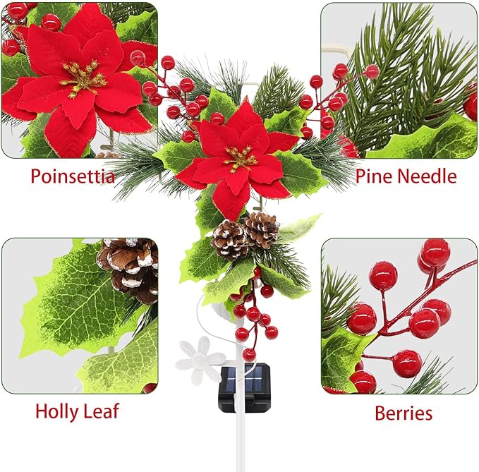 4 Pack Solar Christmas Decorations Outdoor, 32 Inch Solar Christmas Cross Stake Lights, Waterproof Grave Decorations with Poinsettia Flower Pinecones Red Berries for Garden Yard Patio Lawn Cemetery