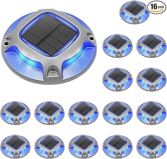 VOLISUN Solar Driveway Lights Dock Deck Lights 16 Pack,2 Colors in 1 Led IP67 Waterproof Outdoor Warning Step Lights for Driveway Sidewalk Pathway (White/Blue)