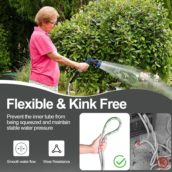 SPECILITE 75ft 304 Stainless Steel Garden Hose Metal, Heavy Duty Water Pipe with Nozzles for Yard, Outdoor - Flexible, Never Kink & Tangle, Puncture Resistant (Sliver)