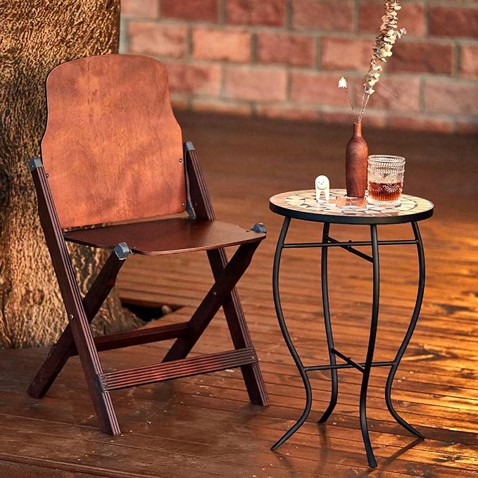 VONLUCE Mosaic Side Table and Plant Stand, 21" Round End Table with 14" Ceramic Tile Top, Indoor & Outdoor Accent Table, Porch Patio Furniture, Entryway & Coffee Table for Home & Garden, Maple