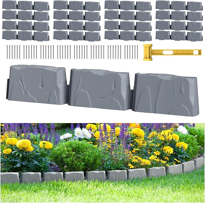16Pcs No Dig Landscape Edging(24 Foot) with 48 Pieces 8-inch Spikes | 3 Inch Tall Faux Stone Edging for Landscaping | Faux Stone Edging Bricks for Flower Bed,Lawn,Yard,Weed Barrier(Dark Grey)