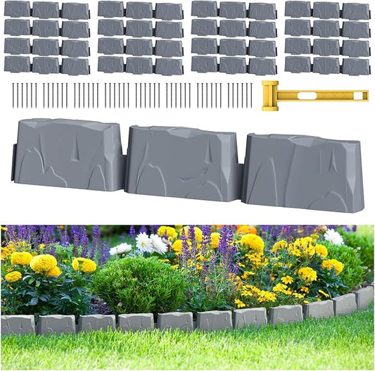 16Pcs No Dig Landscape Edging(24 Foot) with 48 Pieces 8-inch Spikes | 3 Inch Tall Faux Stone Edging for Landscaping | Faux Stone Edging Bricks for Flower Bed,Lawn,Yard,Weed Barrier(Dark Grey)
