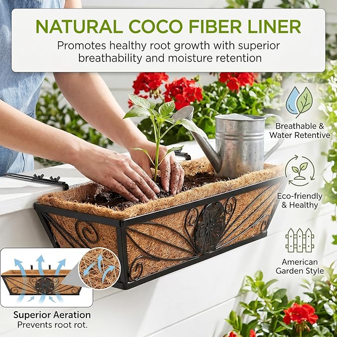 2 Pack 24 Inch Railing Planter Boxes with Coco Liner, Floral Scroll Metal Window Box Planters for Outdoor Plants, Black Hanging Window Baskets for Garden, Patio, Balcony Railing Decor