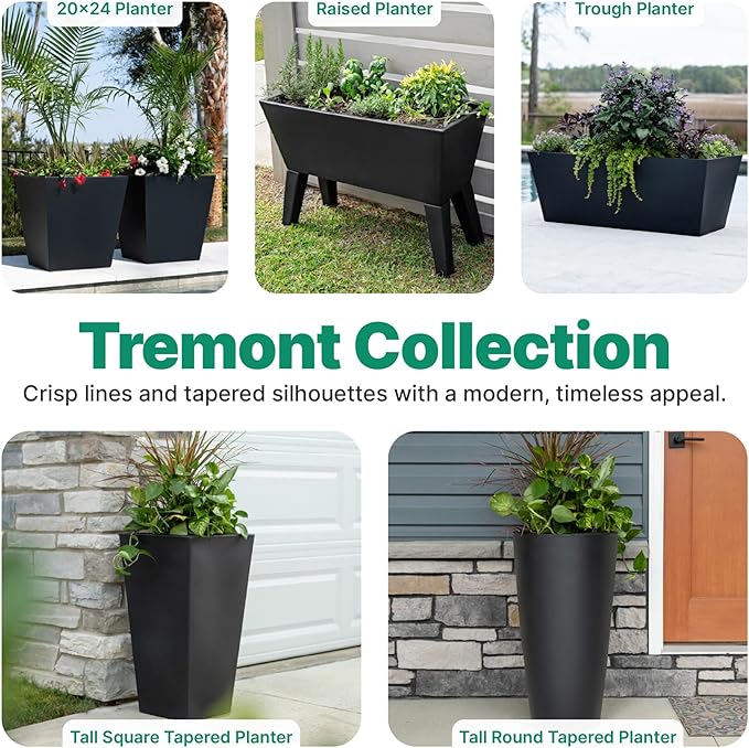 Step2 Tremont Raised Planter, Large Planters for Outdoor Plants, Gardening and Flower Pot for Patio or Porch, Efficient Drainage, Durable Plastic, Black, 1-Pack