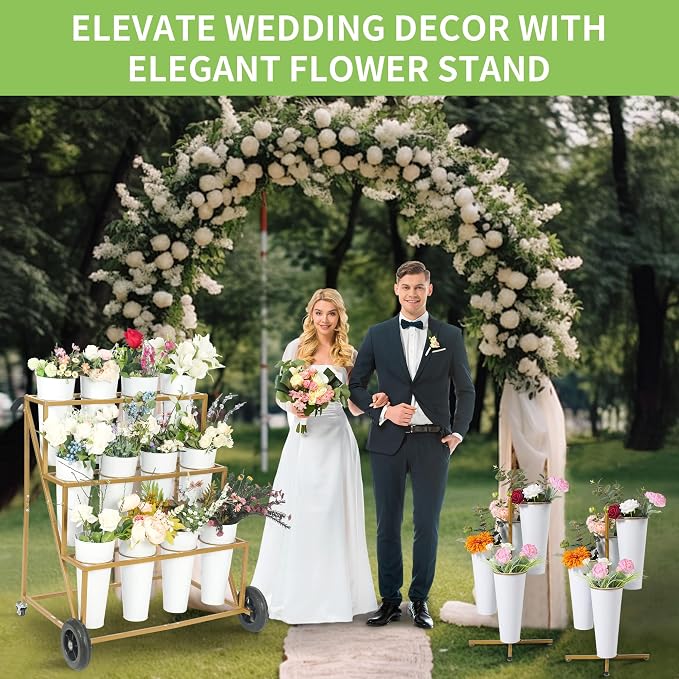 Flower Bar Stand with 12 Iron Buckets - Flower Display Stand with Big Wheels - Hand-Pushed Moving Flower Cart for Garden and Wedding - 3 Layers Gold Florist Bouquet Holder