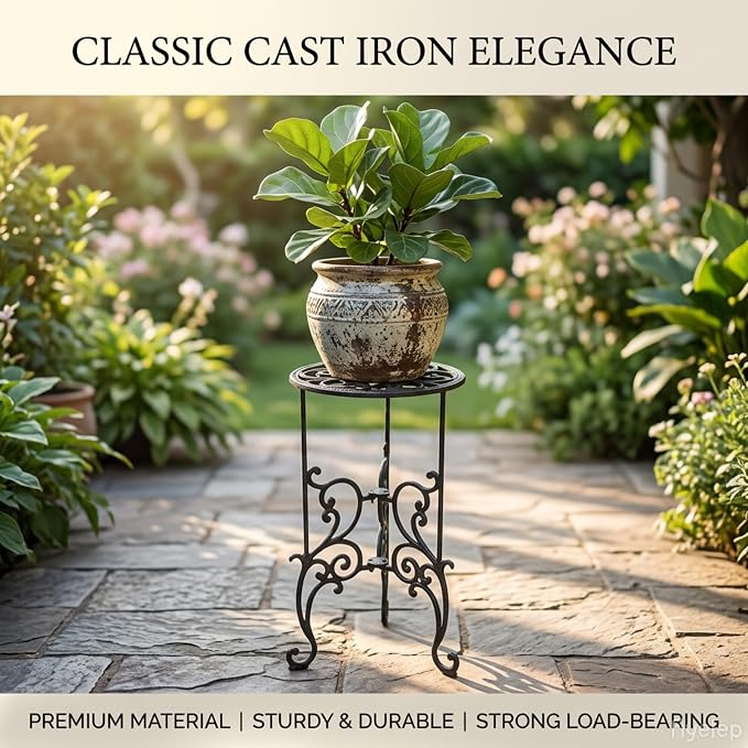 Vintage Scrollwork Cast Iron Plant Stand, Black, 22.6 x 9.3 x 22 Inch, Heavy-Duty Oval Top, Indoor Outdoor Use (19.3" Tall Circular Pattern)