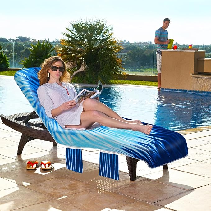 Lounge Chair Towel Cover, Tie Dye Style Chaise Lounge Cover, Beach Chair Covers with Pockets for Pool Sunbathing Beach Garden Courtyard Outdoor Trips, 85 x30 in, Blue Grey