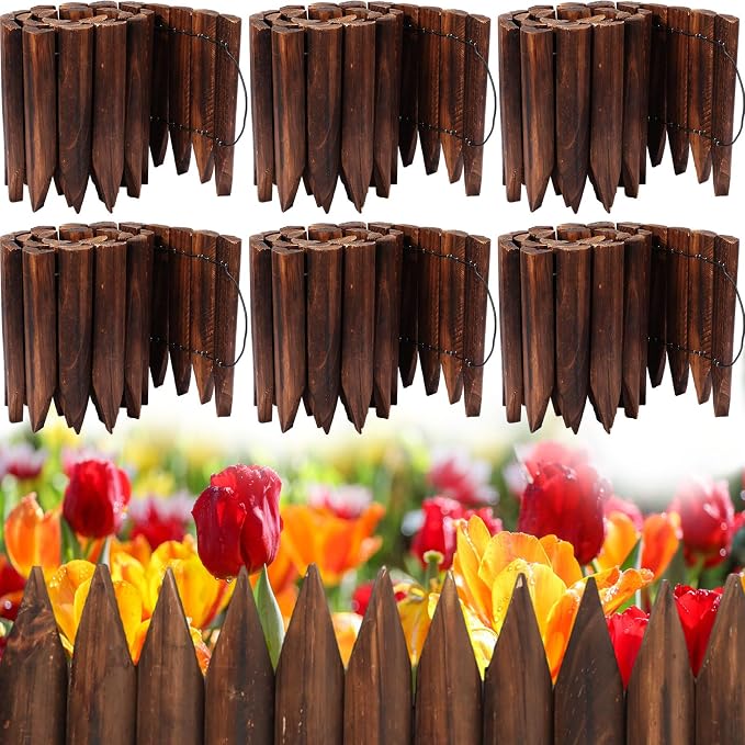 Sasylvia 6 Pack Wooden Garden Edging Wood Garden Fence Panels Pathway 7.9 x 42 Inch Outdoor Landscape Edging Wood Edging Border Flexible Decorative Border Burnt Fence for Spring Garden Patio Yard