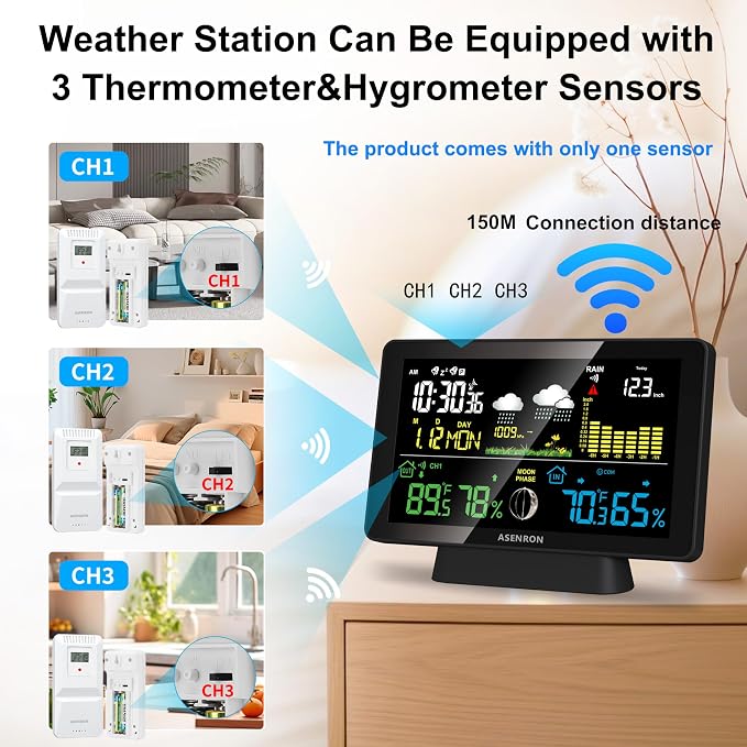Weather Station with Rain Gauge, Home Weather Stations Wireless Indoor Outdoor with Rain Gauge, Thermometer, Barometric Pressure, Humidity Monitor, Atomic Clock, Digital Weather Forecast and Alerts