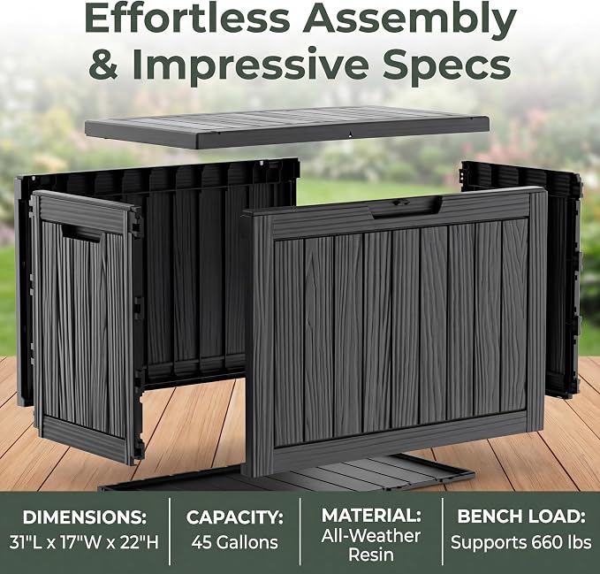 NicBex 45 Gallon Deck Box, Waterproof Resin Outdoor Storage Box Lockable for Patio Furniture, Fade Resistant Patio Side Table & Organizer for Garden Tools, Pool Floats, Outdoor Cushions, Black