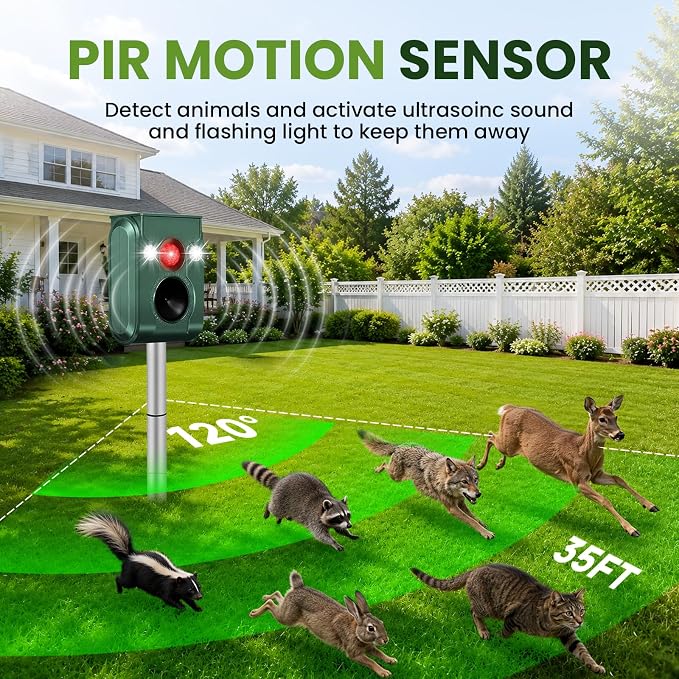 Cat Repellent Outdoor, Solar Ultrasonic Animal Repellent, Squirrel Repellent IP66 Waterproof, Raccoon Deterrent with Motion Detection, Dog Bird Rabbit Skunk Deer Repellent (1)