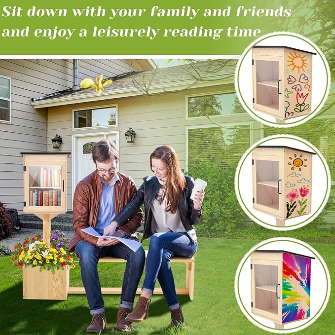 Wonderjune Little Library Box Outdoor with Bench Set, Durable Weatherproof Solid Wood Exchange Box with Floor Plugs and Flower Fence for Neighborhoods, Community, School(Wood)