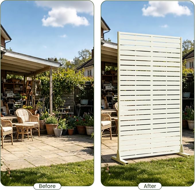 Outdoor Privacy Screen 60" H HDPE Decorative Panel Freestanding Privacy Fence with Stand, Privacy Screens with Louvered 5 Panels, Weather-Resistant Panel Fence for Patio,Balcony,Pool,White