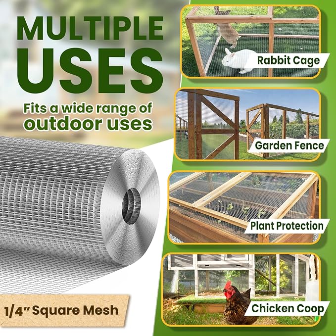 1/4 inch 36inch x 100ft Hardware Cloth Chicken Wire Fencing 23G, Hot Dipped Galvanized After Welding, Wire Mesh Roll, Garden Fence, Poultry and Rabbit Barrier, Outdoor Metal Fencing