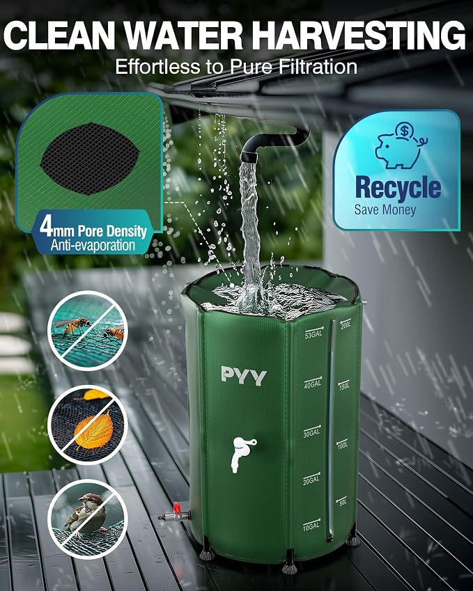 PYY Rain Water Collection Barrel - 53 Gallon Green Large Water Storage Tank with Spigot, Hose and Portable Bucket, Plastic Collapsible Rain Catcher Catchment System to Collect Rainwater from Gutter