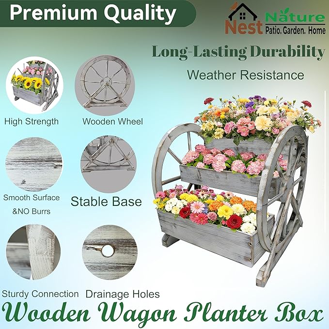 3 Tier Large Wooden Wagon Planter Box|Outdoor Planter/Flower Pot for Indoor&Outdoor Plants-Rustic Garden Planter for Patio,Porch&Garden Decor-Raised Garden Bed for Succulents,Herbs,Vegetables