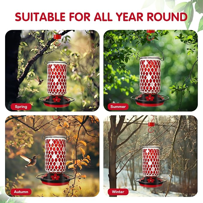 Glass Hummingbird Feeder, Red Hummingbird Feeders for Outdoors Hanging, 19 Ounces, Mosaic Bottle Easy to Clean, 5 Feeding Ports, Ant Moat Included