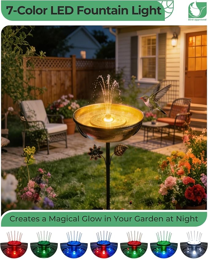 Metal Bird Bath with Solar Fountain - 12" Outdoor Birdbath Bowl + 6.3" Solar Pump with Battery LED Lights & with 4 Fixed Rods | Garden Bird Bath for Yard, Lawn, Patio, Flowing Water Feature