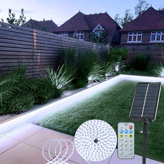 echosari Solar Powered Strip Lights Outdoor Waterproof, 16.4Ft 320 LED Strip Lights with Remote Timer 8 Modes Full Covered Strip Rope Lights for Stair Patio Walkway Decor (Cool White)