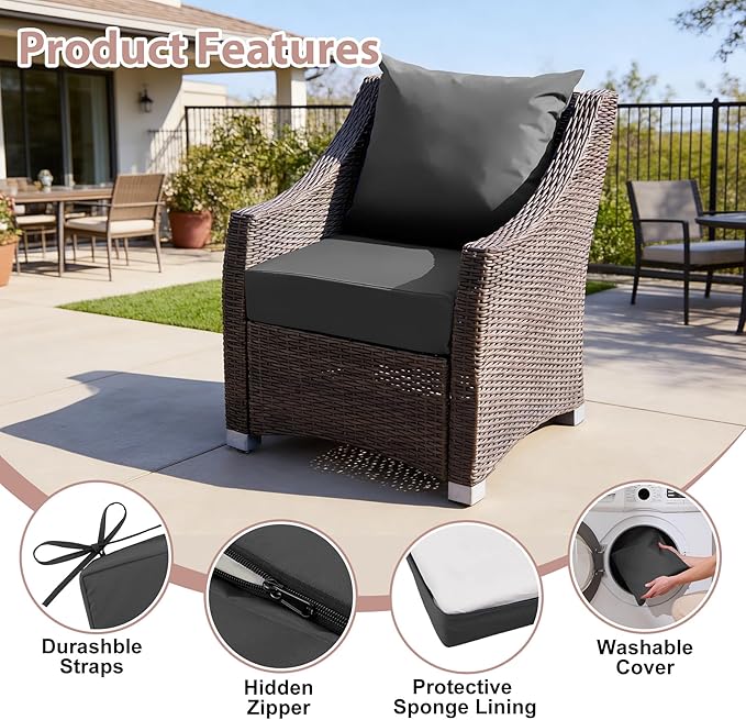 Outdoor Deep Seat Cushion Set, 24x24 Inch Water-Resistant & Fade-Resistant Outdoor Chair Cushions, Patio Furniture Cushions with Removable Cover for Patio Chair, Sofa, Dark Grey (Set of 4)