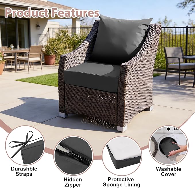 Outdoor Deep Seat Cushion Set, 24x24 Inch Water-Resistant & Fade-Resistant Outdoor Chair Cushions, Patio Furniture Cushions with Removable Cover for Patio Chair, Sofa, Dark Grey (Set of 2)