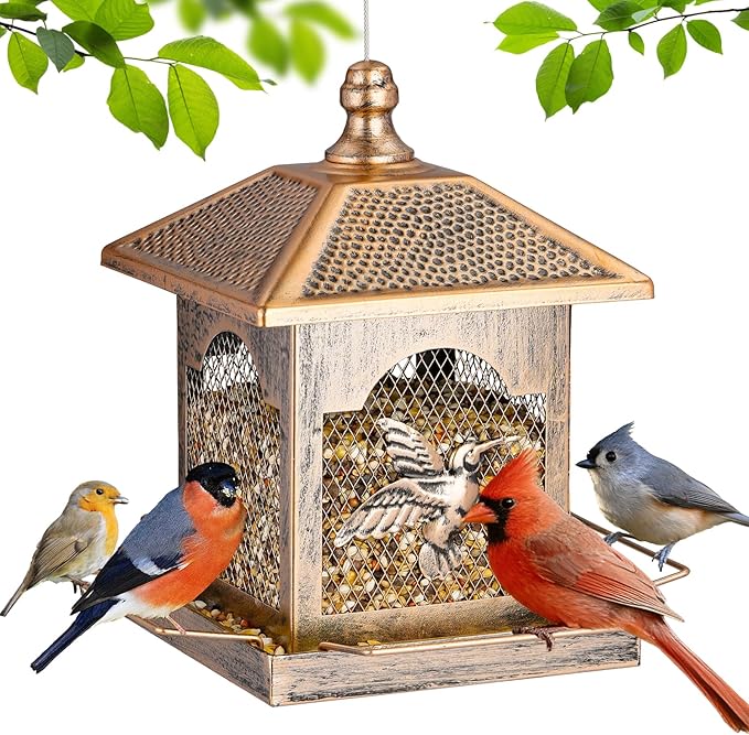 LBTING Bird Feeder for Outside, Metal Square Lantern-Shaped Bird Feeder with Polka Dot Patterned Roof, Wild Bird Feeders for Hanging Outdoor Garden Yard