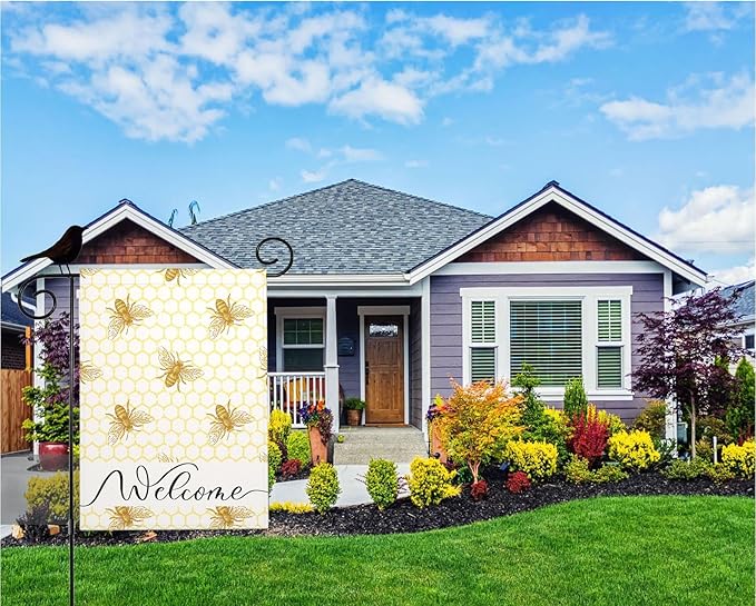 Mugod Welcome Flying Bee Garden Flag 12.5x18 Inch Double Sided, Honeycomb & Bees Yard Flag for Outdoor House Porch Patio Lawn Decor