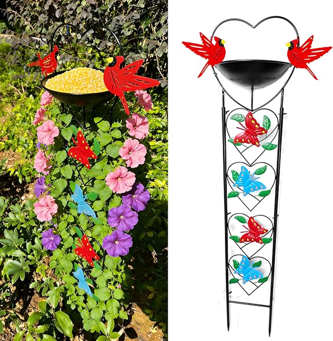 Bird Feeder with Garden Trellis for Climbing Plants Outdoor, Bird Bath with Metal Butterfly Decor for Garden Wild Birds