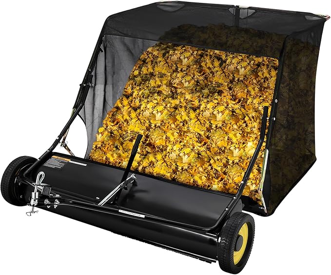 44-Inch Tow-Behind Lawn Sweeper, 12 Cu.ft Large Capacity Leaf & Grass Collector with Universal Hitch, Adjustable Sweeping Height & Easy Dump Rope, Heavy-Duty Yard Sweeper for Tractor ATV UTV