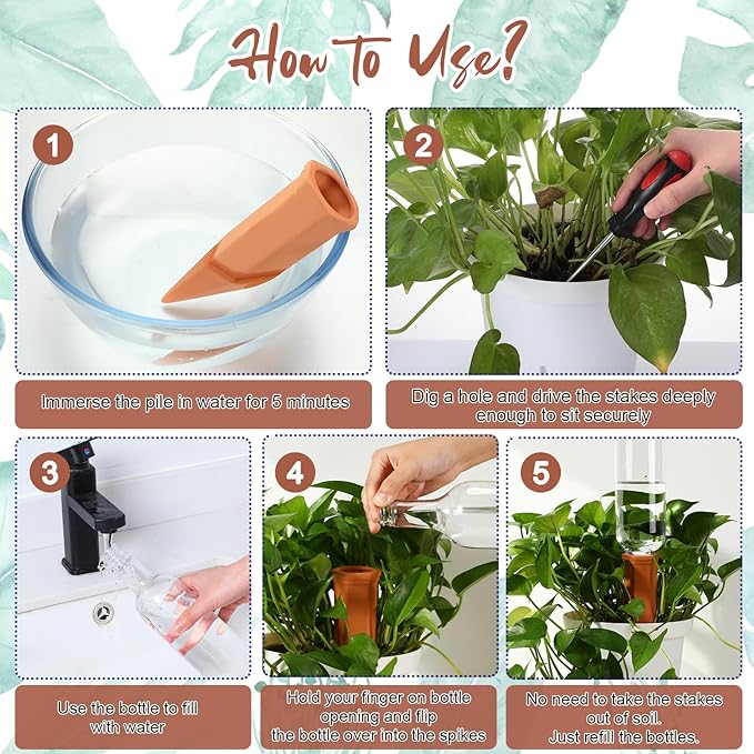 SiliFine 3 Sets Plant Watering Devices Include Terracotta Self Watering Spikes and 26 oz Plastic Bottles, Slow Release Vacation Insert Automatic Plant Waterer Device (Blue Clear Brown and Terracotta)