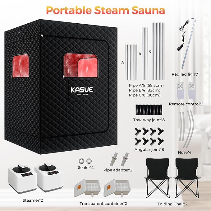 KASUE Upgraded 2 Person Sauna Box, Portable Infrared Sauna with 5-Layer Waterproof, 2 Steamers, 2 Folding Chair, 71”x 36”x 49” for Indoor, Outdoor, Gym, Spa, Carbon Black