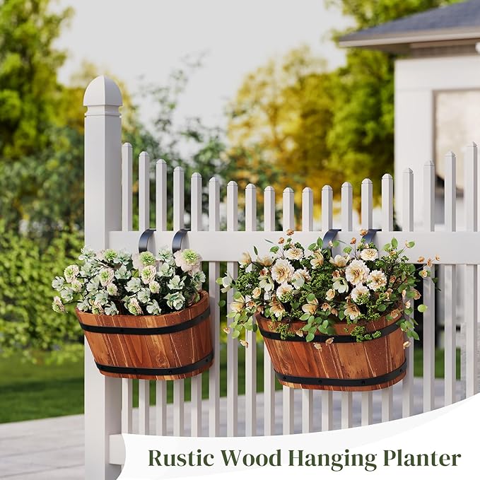 Railing Planters for Outdoor Plants Balcony Hanging Flower Pots with Detachable Hooks, Window Flower Box Hanging Bucket Pots Fence Planters for Garden Home Decor(Brown-1pack, Small)