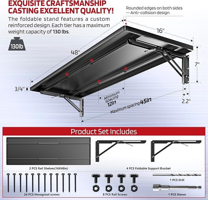 1.3x4FT Adjustable Garage Shelf Wall Mounted Fold Down Shelf Metal Heavy Duty Black 2Pack