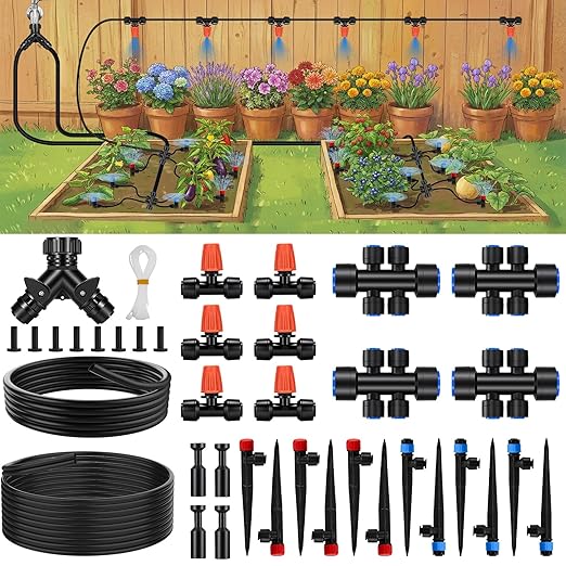 Quick-Connect Drip Irrigation System, 2026-Upgrade Garden Irrigation Kit with 2/5" & 1/4" Tubing, Adjustable Nozzles & Sprinklers, Automatic Watering System for Garden, Lawn, Greenhouse