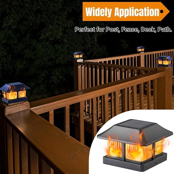Dynaming 4x4 Solar Flame Post Cap Lights Outdoor, Solar Powered Fence Post Light, Flickering Flame LED Lantern Lamps Waterproof for Garden Deck Patio, Fit Wooden/Vinyl Posts, 12 Pack