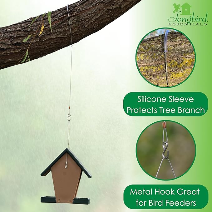 Songbird Essentials Hanging Cable Tree Limb Protector with S Hook - Steel Cable with Silicone Sleeve - Protects Tree Limbs from Heavy Bird Feeders and Decorations - 24 Inch Cable