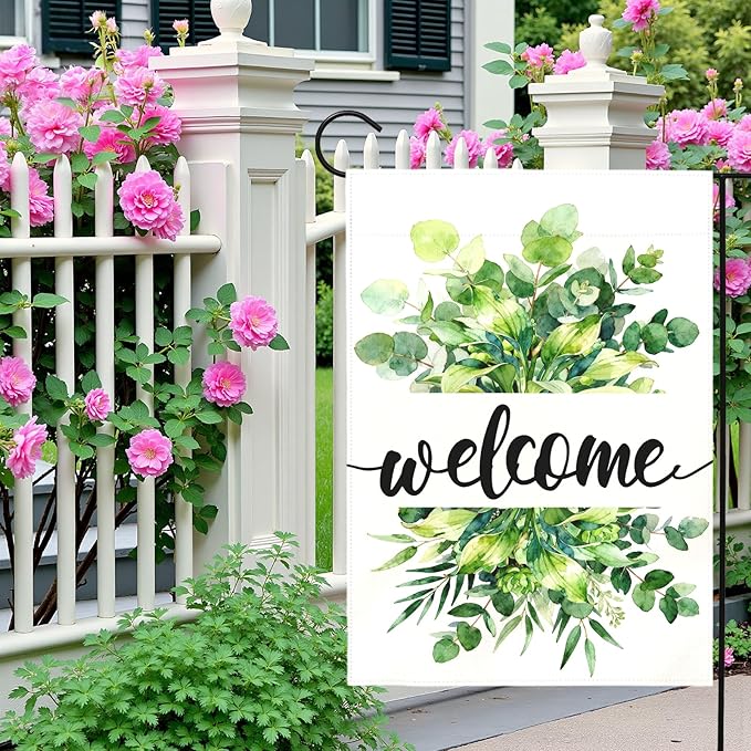 Welcome Spring Garden Flag Summer Greenery Watercolor Eucalyptus Leaves House Banner Seasonal Rustic Farmhouse Hosta Planta Yard Flags for Outside Porch Patio Lawn Home Decor 12 x 18 Inch
