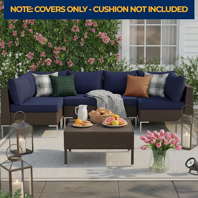 HOMREST 14-Piece Outdoor Cushion Covers Set for Patio Furniture, Reversible Double-Sided Sofa Slipcovers with Zipper, Water-Repellent Replacement Covers Only (Navy, 25.6×25.6×3.9in)