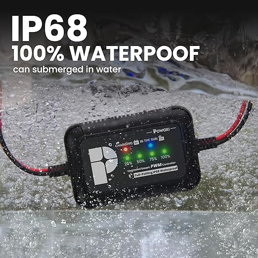 POWOXI Upgraded 12V 8 amp Solar Charge Controller - IP68 Waterproof PWM Solar Charge Regulator for LiFePO4 AGM Gel Lead-Acid Batteries - Inline Battery Maintainer for RV Boat Car Trailer Truck